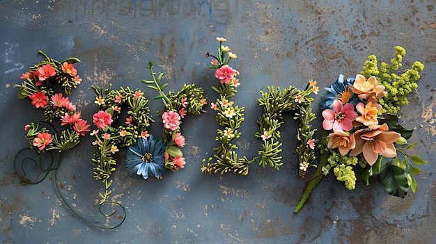 Photo the word  written in flowers on a concrete surface