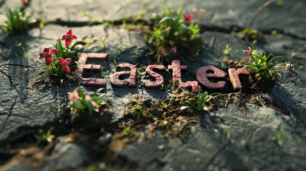 Photo a word written in red on a rock with some flowers