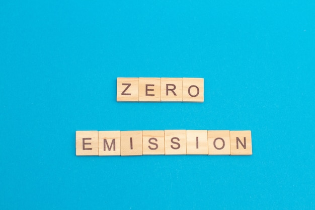 Word ZERO EMISSION made from wooden cubes