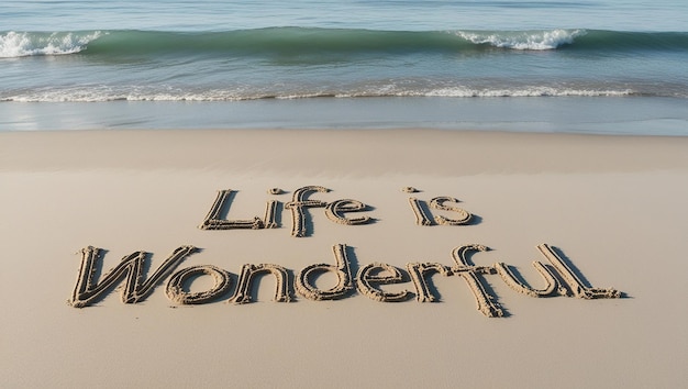 Photo the words quotlife is wonderfulquot written in the sand on a beach with a wave in the background