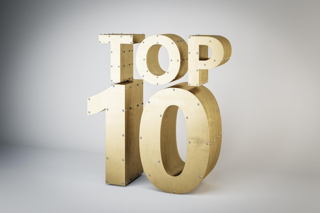 The words top 10 made from golden metal on abstract light background award concept 3D rendering