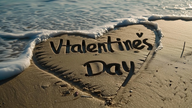 The words Valentines Day carved in the sand of a beach encircled by a handdrawn heart with waves