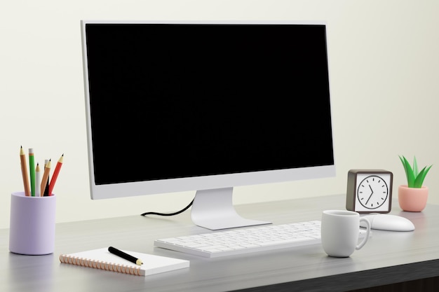 Work from home Desk office with Computer Notepad Clock Pencel and Coffee cup on wood table