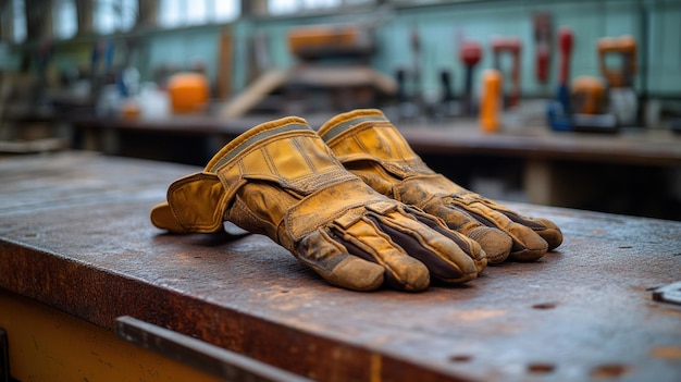 Photo work gloves resting on a wooden table in a workshop