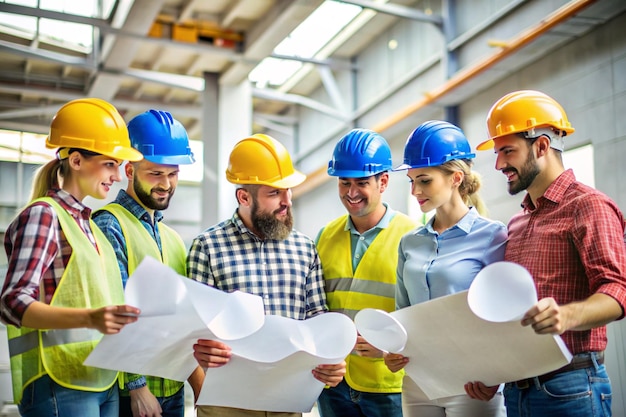 Work group of a construction are meeting reviewing the plans of the work that the engineer shows