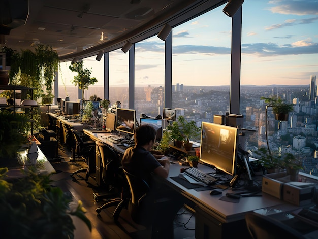 Work in a large office at sunset Generative AI