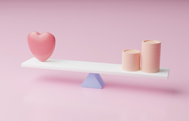 Work-life balance concept, heart and money coin on weighting scale, 3D illustration.