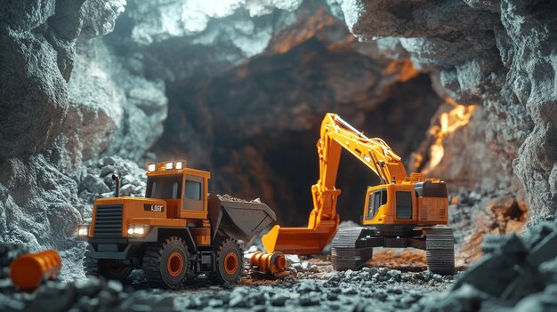 Work in the open pit of a gold mine with trucks and the excavator soft focus