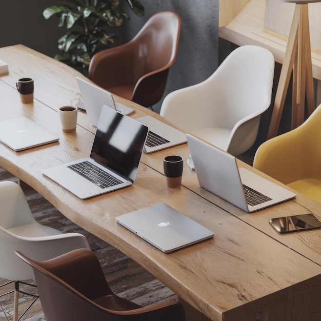 Photo work in progress concept with top view on wooden meeting table with laptops and coffee mugs surroun