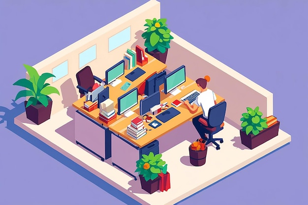 Photo work space isometric flat style business people working on an office desk