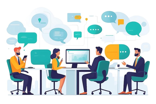 Photo work talk and discussion people in office having business conversation with speech bubbles and digital devices in hands flat design vector illustration with white background