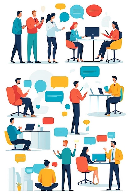 Photo work talk and discussion people in office having business conversation with speech bubbles and digital devices in hands flat design vector illustration with white background