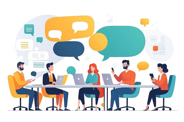 Work talk and discussion People in office having business conversation with speech bubbles and digital devices in hands Flat design vector illustration with white background