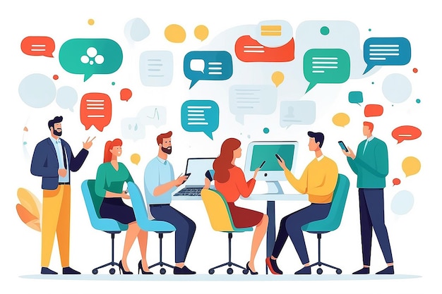 Photo work talk and discussion people in office having business conversation with speech bubbles and digital devices in hands flat design vector illustration with white background