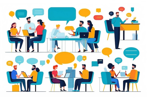 Photo work talk and discussion people in office having business conversation with speech bubbles and digital devices in hands flat design vector illustration with white background