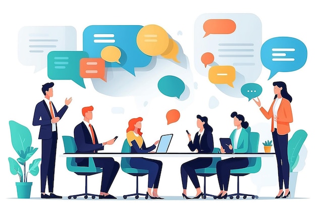 Work talk and discussion People in office having business conversation with speech bubbles and digital devices in hands Flat design vector illustration with white background