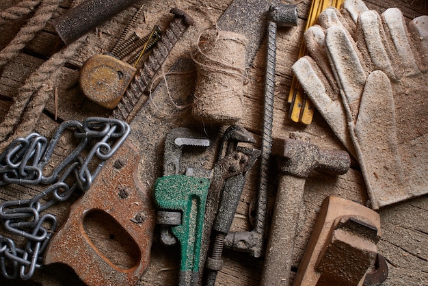 work tools and accessories on wooden table