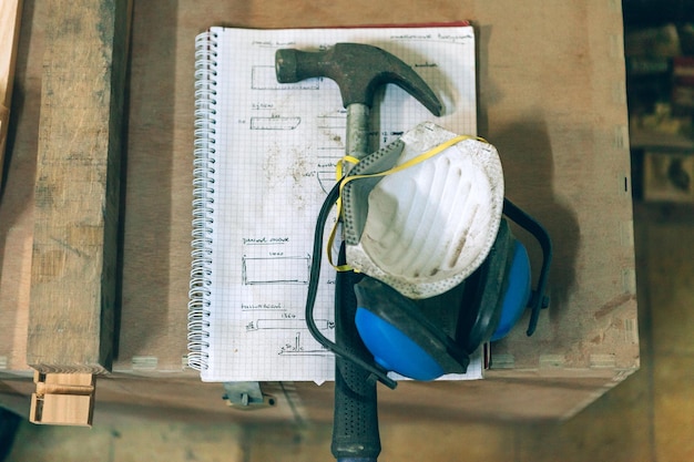 Work tools of designer carpenter inside vintage carpentry workshop