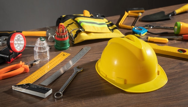 Work tools with helmet on wooden background