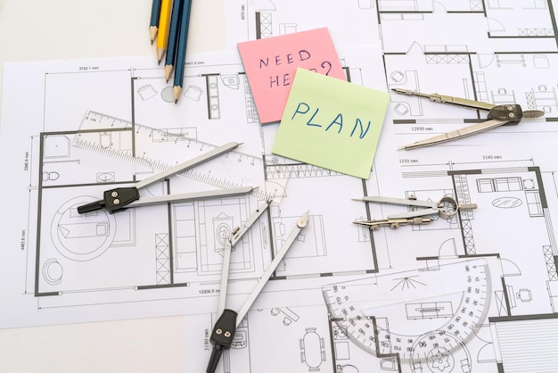 Work tools with memo heen help on house plan blueprint