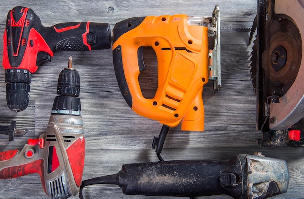 Work tools on wooden background