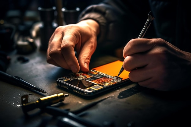 Work with a soldering iron Microelectronics device Closeup hands of a service worker Generative AI