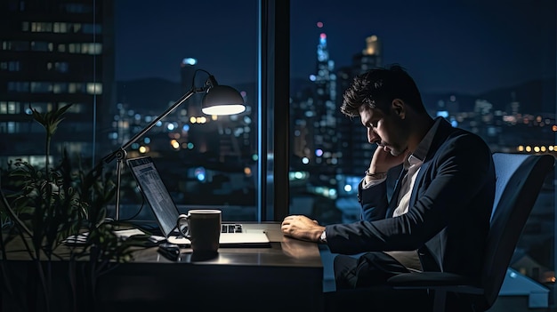 Workaholic Working On Desktop Computer At Night