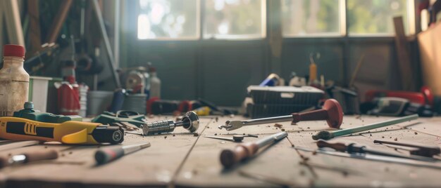 Photo a workbench cluttered with various tools bathed in soft natural light inside a cozy homey workshop setting