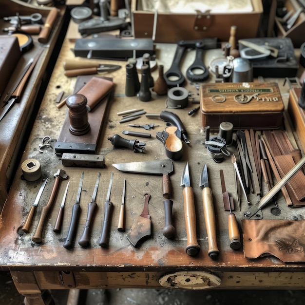 A workbench with an assortment of tools and equipment