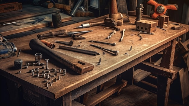 Workbench with tools screws and nails AI generated