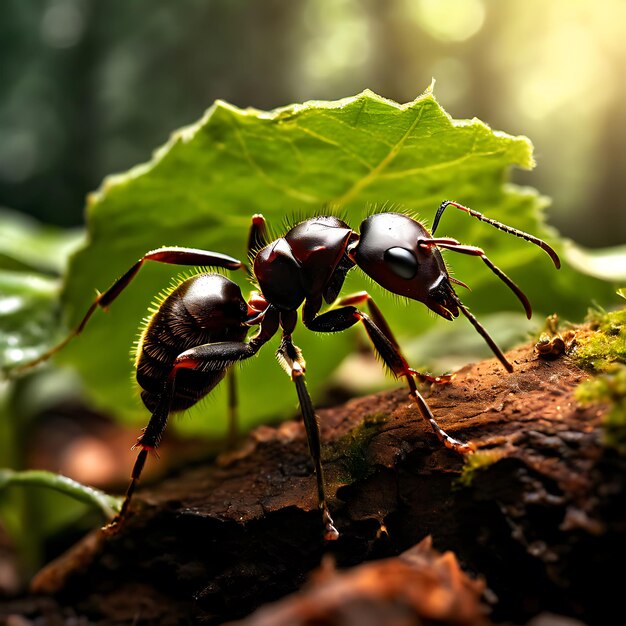 Photo a worker ant carrying a leaf on a forest floor