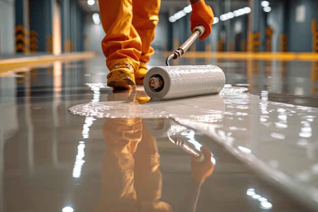 A worker applies a glossy epoxy coating to a concrete floor with a roller providing a smooth and durable finish in a welllit industrial environment