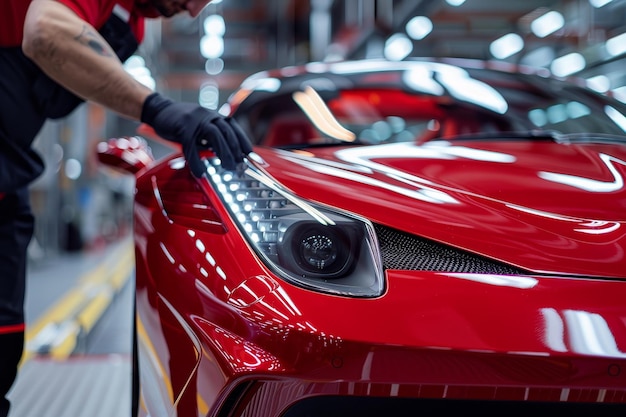 Photo a worker applying car wrap vinyl on the front of a red sports car in an auto workshop in a closeup shot stock photo the vinyl is being applied in the style of the worker