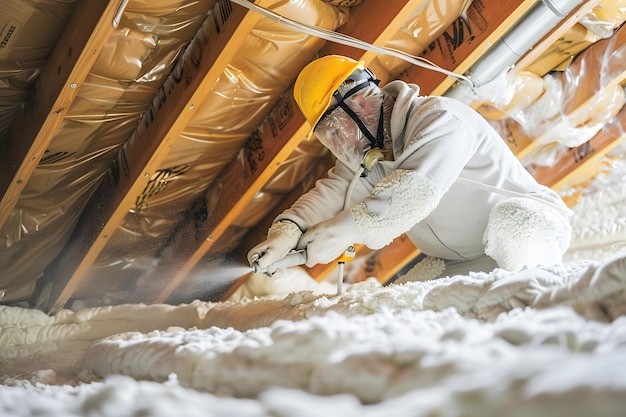 Photo worker applying insulation in an attic with protective gear