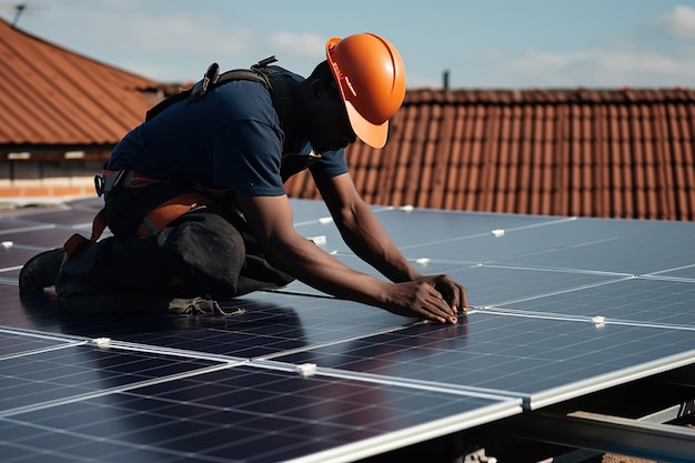 Worker as they install a solar panel on the rooftop of a house highlighting the growing trend of solar energy and sustainable practices Generative AI