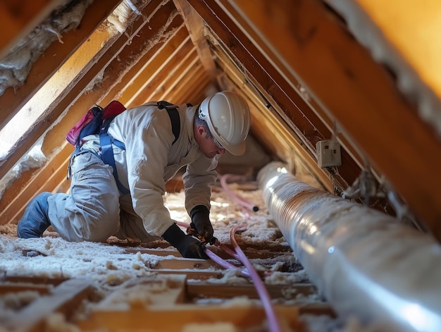 Photo worker in attic working on insulation and ductwork