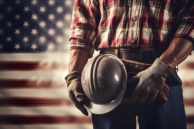 A worker on the background of the flag of America Labor Day 4