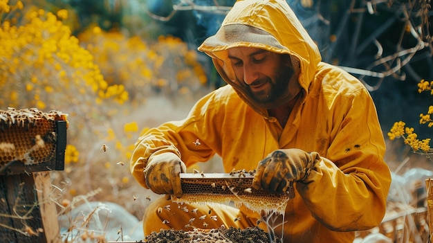 Photo worker beekeeper working on beehives in apiary bees keeping frame