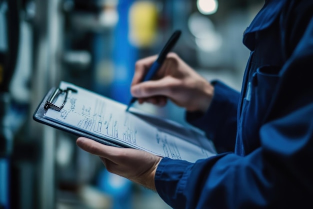 Photo a worker in blue overalls fills out a checklist on a clipboard with a pen