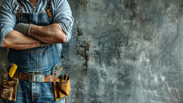 A worker in blue overalls and a tool belt stands against a rough concrete wall arms crossed ready for a day of hard work