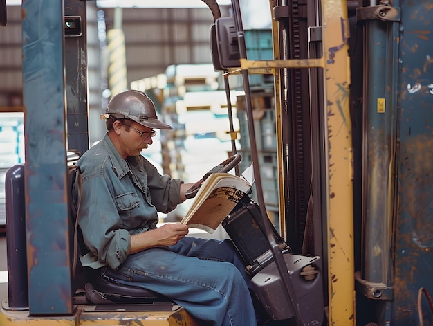 Worker on a break reading a book while seated on a forklift in a warehouse Casual and relaxed atmosphere captured Industrial setting Generative AI