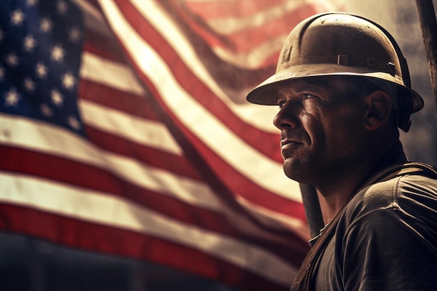 A worker celebrate the labor day with the united states flag background