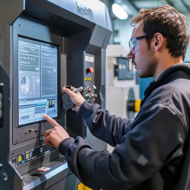 Photo worker checking the status of a cnc milling machine on a display attached to the machine