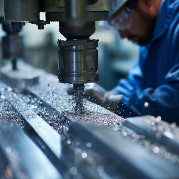 Worker clad in blue overalls intently working on a milling machine The surrounding environment should be of an industrial setting with the hum of machines and tools evident in the background