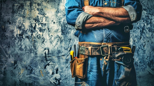 A worker clad in denim and leather stands with arms crossed ready to tackle any challenge The worn textured wall behind them speaks of countless tasks accomplished