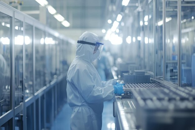 A worker in a clean room wears protective gear The bright environment showcases advanced technology This image represents industrial innovation and safety Generative AI