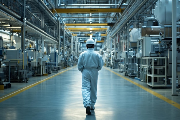 A worker in a clean suit walks through a modern manufacturing facility The bright colors and hightech equipment reflect a cuttingedge industrial style Generative AI