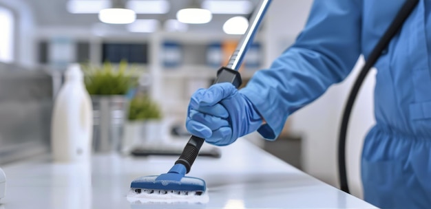 Photo worker cleaning floor in modern office building