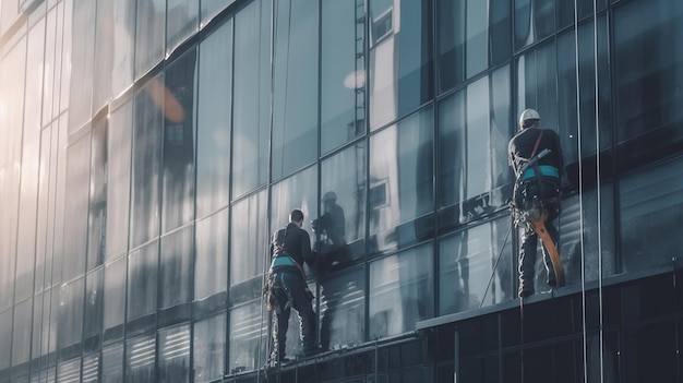 Worker cleaning the windows of a skyscraper Generative Ai