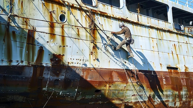 Worker cleans the hull of an old ship from rust